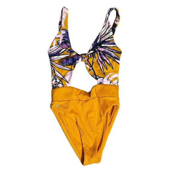 Maaji Maracuja Reversible One Piece Swimsuit Size SMALL Mustard Yellow Cutout - Picture 13 of 14